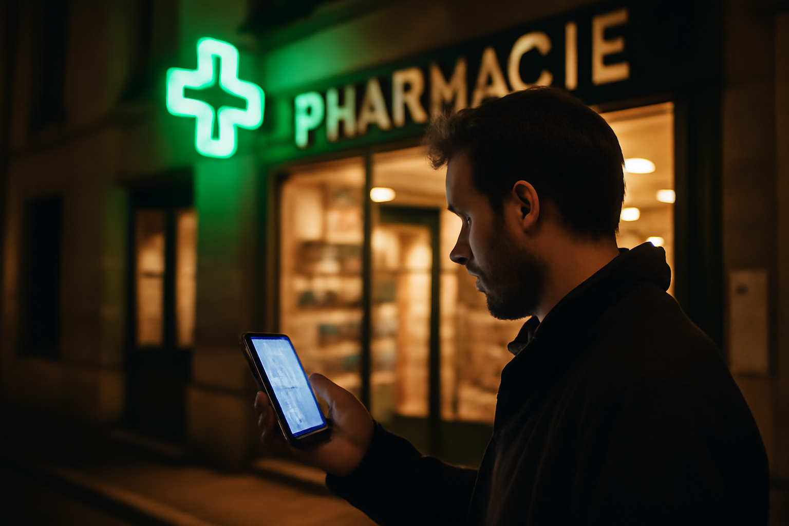 pharmacie de garde annecy : façade d’une officine ouverte la nuit à Annecy