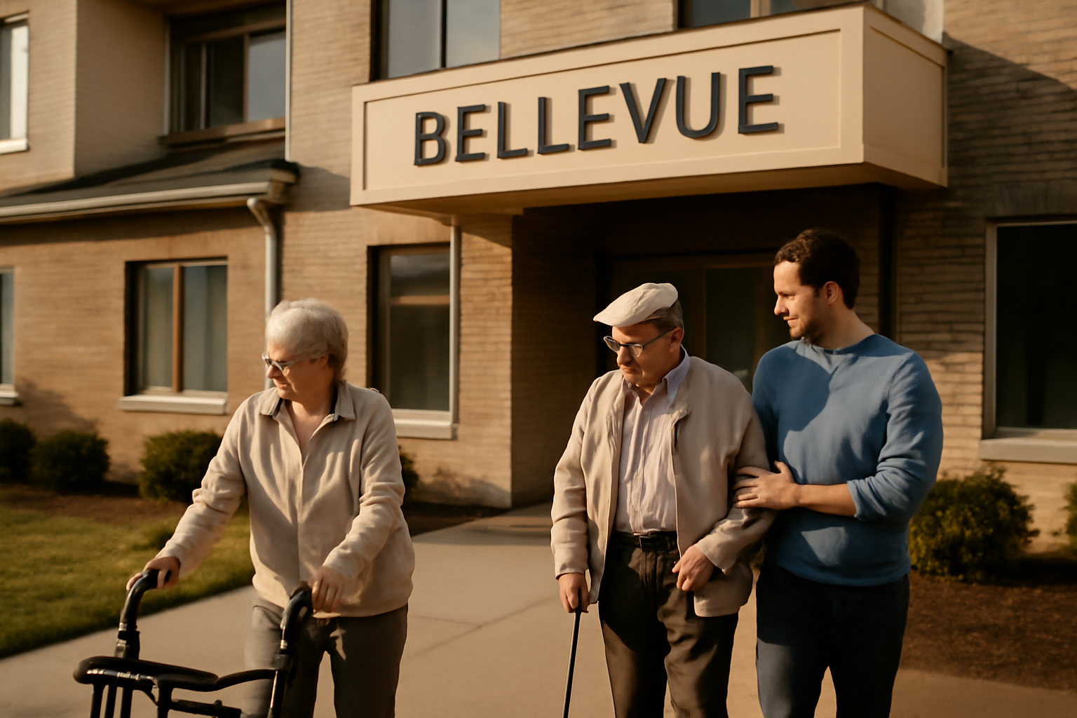 résidence bellevue vue extérieure avec entrée et signalétique, scène photo réaliste