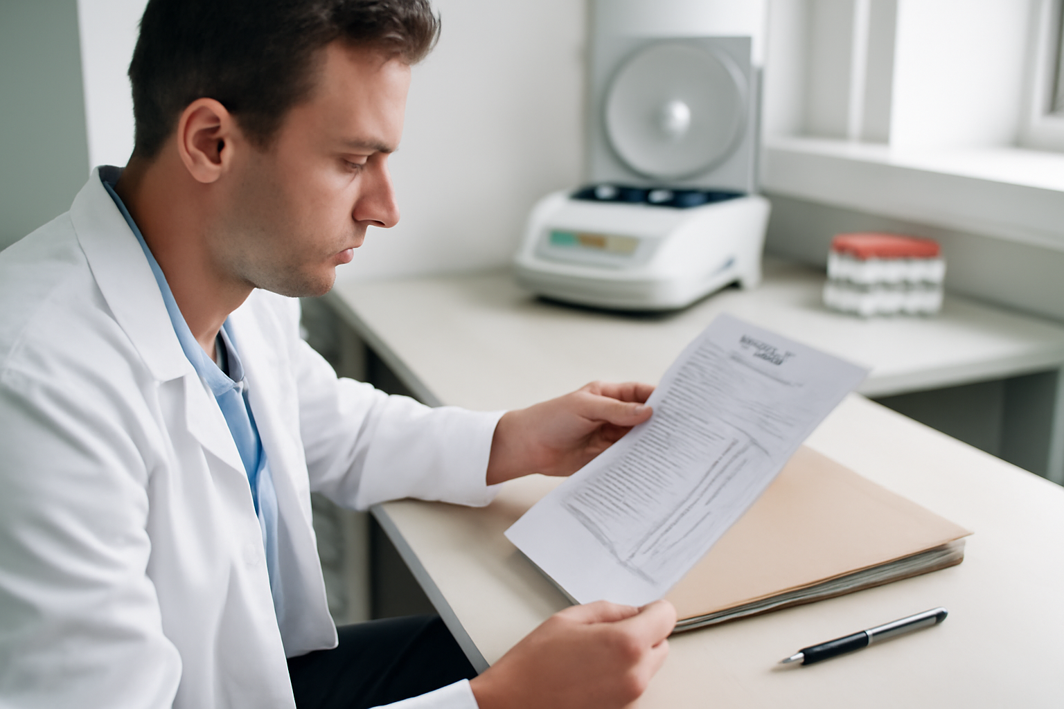 stress et pic monoclonal : analyse sanguine au laboratoire, documents de biologie et main tenant un compte rendu