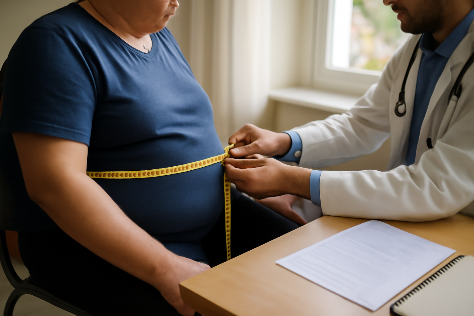 bilan médical et mesure du tour de taille pour taux de cortisol élevé et ventre gonflé, scène photo réaliste