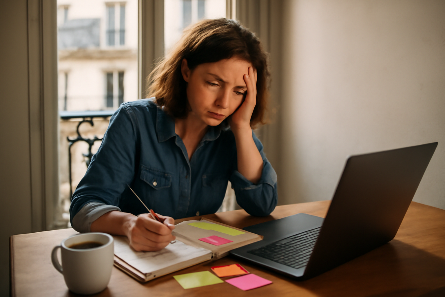tdah adulte : personne adulte à un bureau, agenda ouvert et post-it, lumière naturelle, ambiance réaliste