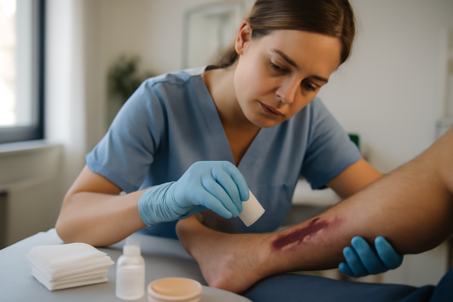 temps de cicatrisation d'une plaie profonde : infirmière réalisant un pansement sur une plaie profonde après nettoyage, lumière naturelle