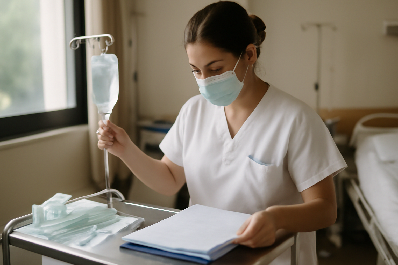 personnel soignant préparant une perfusion de biothérapie dans une unité médicale