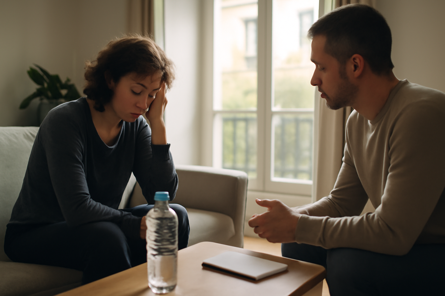 Photo réaliste d’un proche qui aide une personne en difficulté liée à la bipolarité et méchanceté, dans un salon calme en France, lumière du matin
