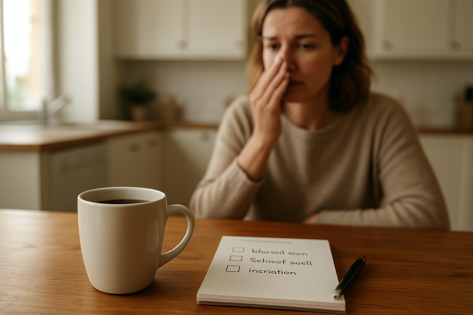 Tasse de café sur table près d’une personne qui observe un nez bouché et un carnet de symptômes
