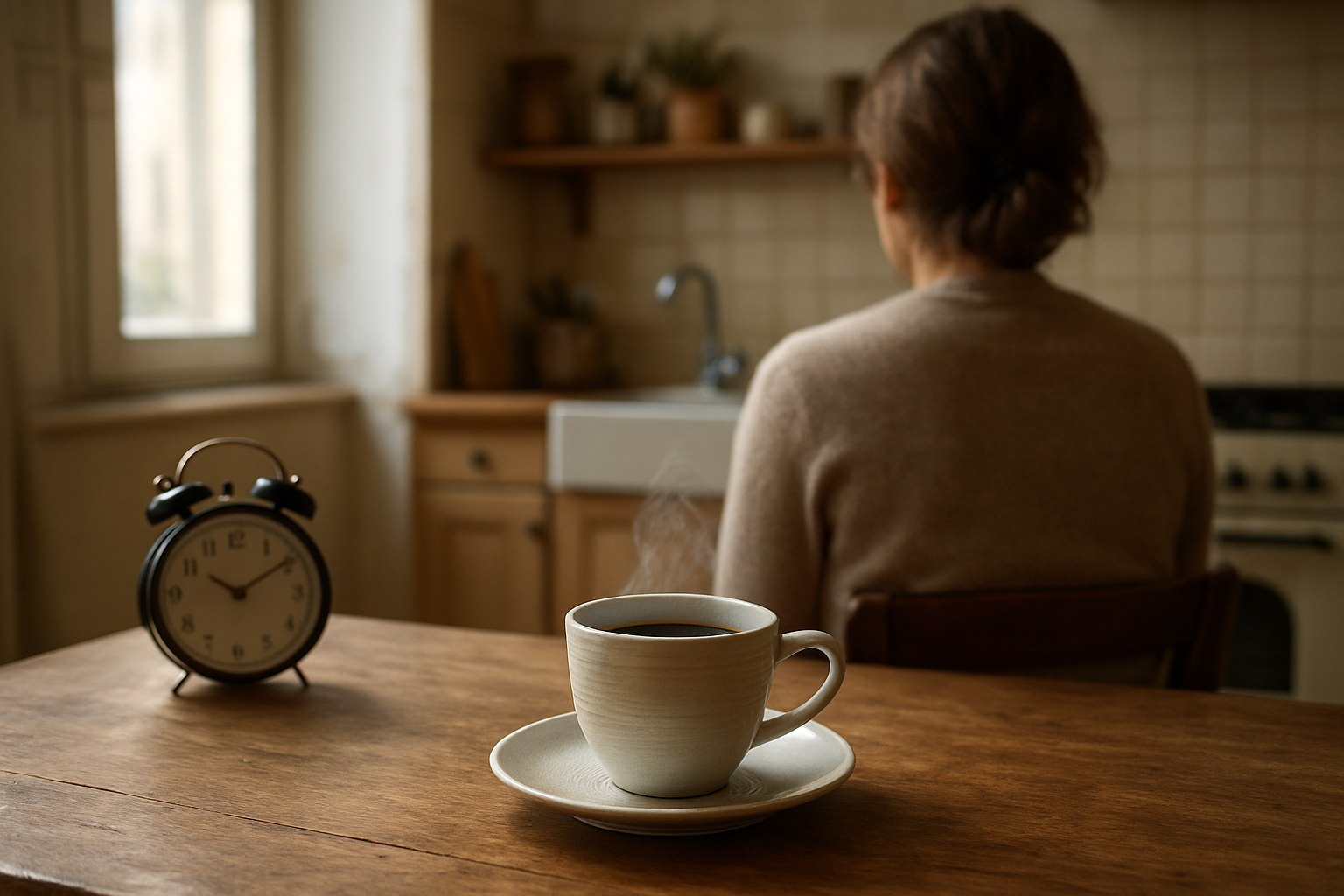 Tasse de café fumante sur une table de cuisine, lumière du matin, ambiance réaliste