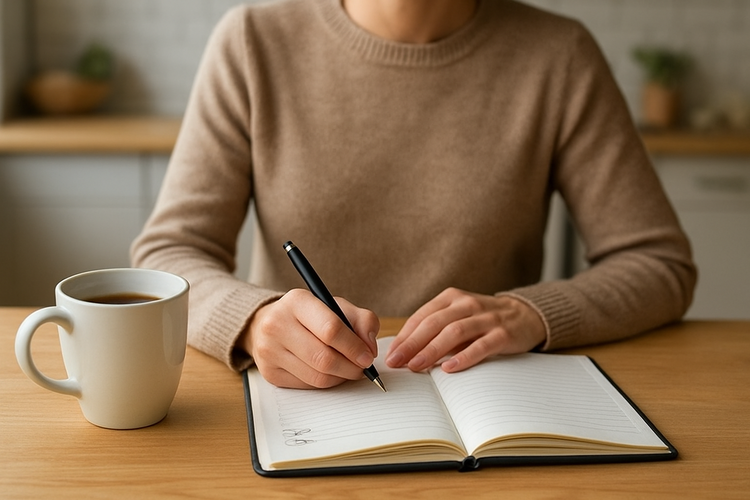 Tasse de chicorée chaude et carnet de notes sur une table, ambiance réaliste du matin