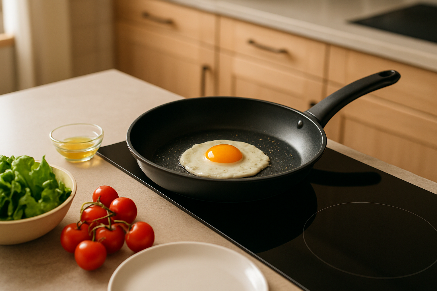 Œuf au plat dans une poêle, préparé avec une petite quantité d’huile, cuisine lumineuse
