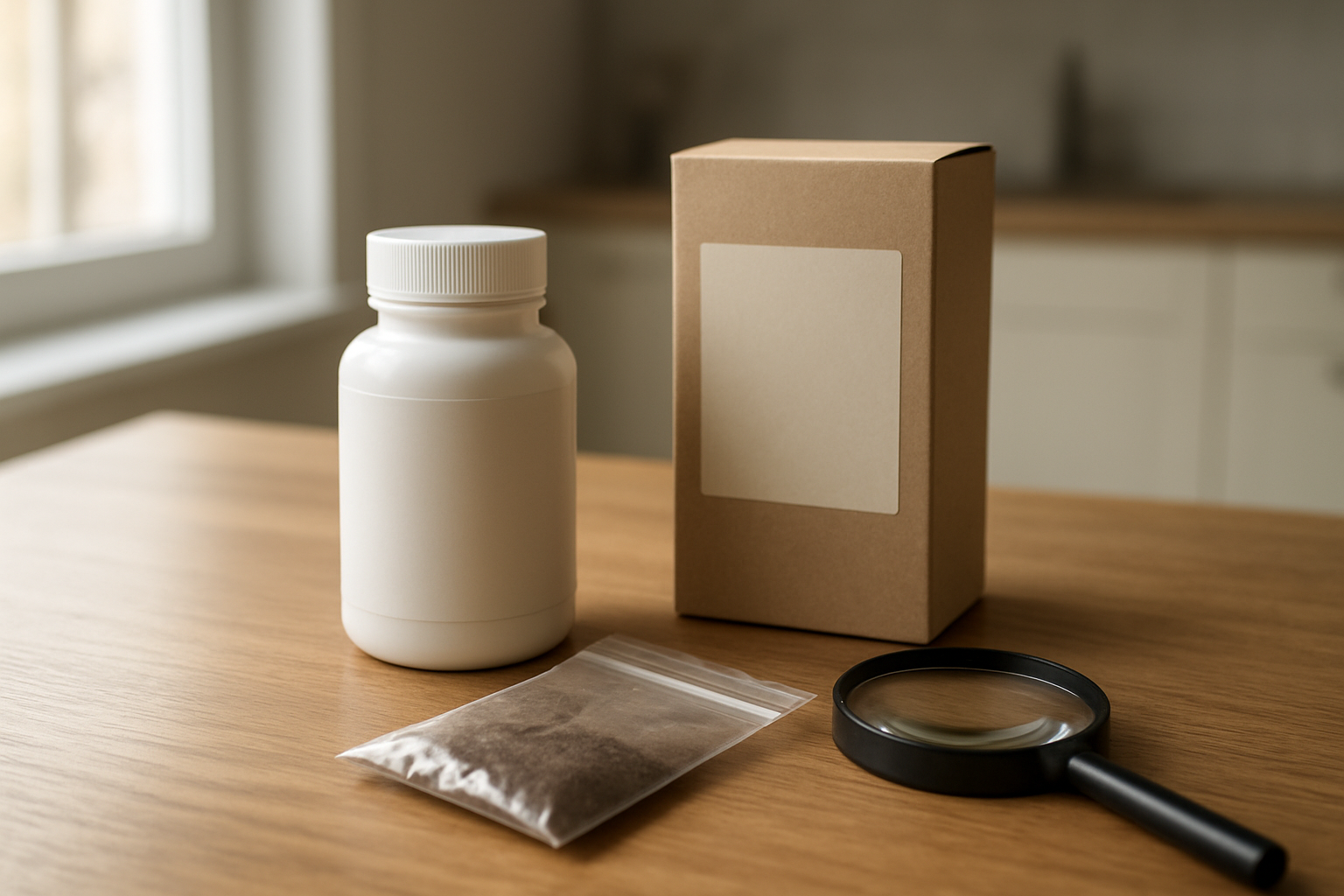 Boîte de compléments à base de champignons adaptogènes, extraits titrés et étiquette lisible sur une table près d’une fenêtre, lumière naturelle