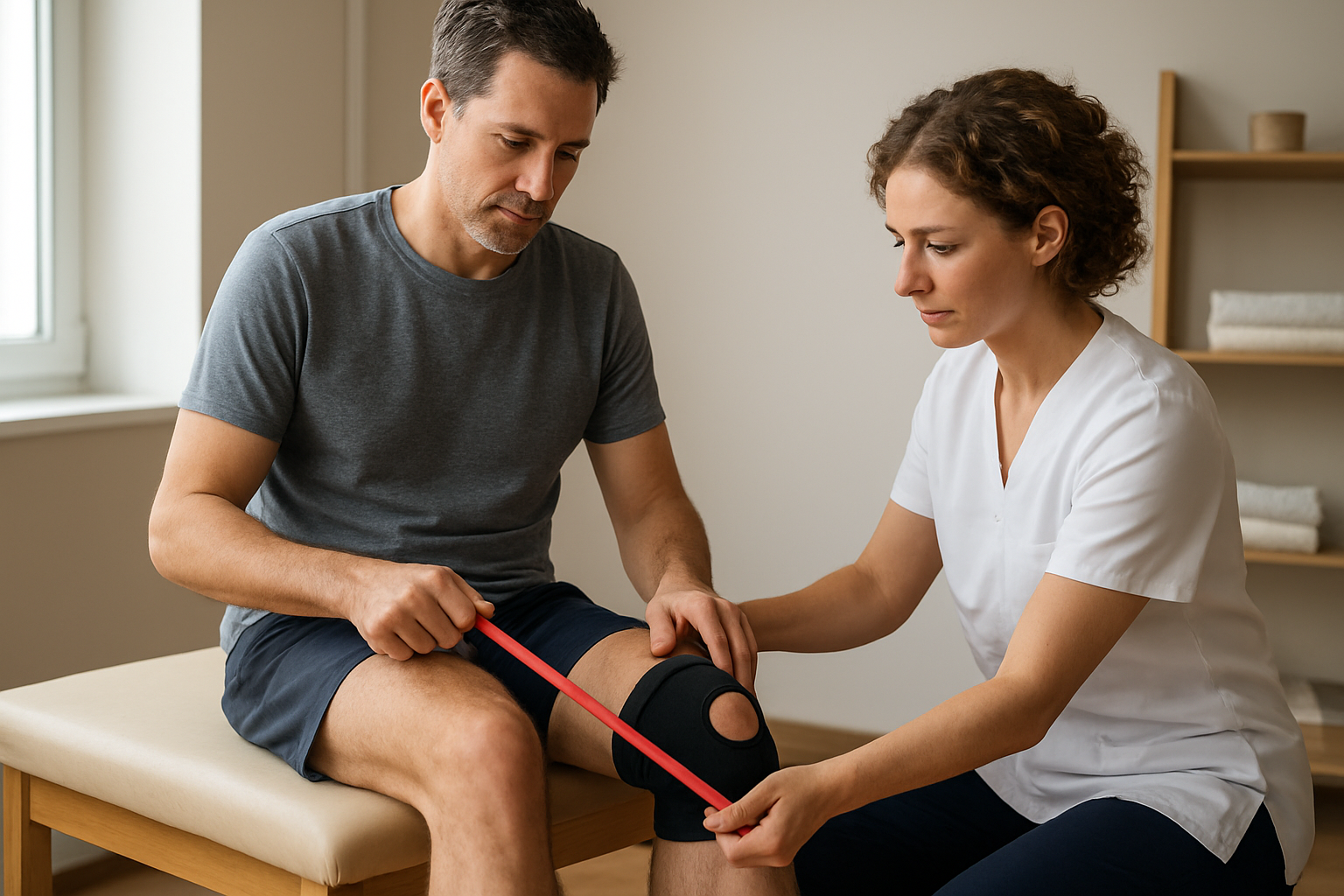 Genou douloureux lors de la marche, kinésithérapie avec renforcement du quadriceps dans un cabinet lumineux