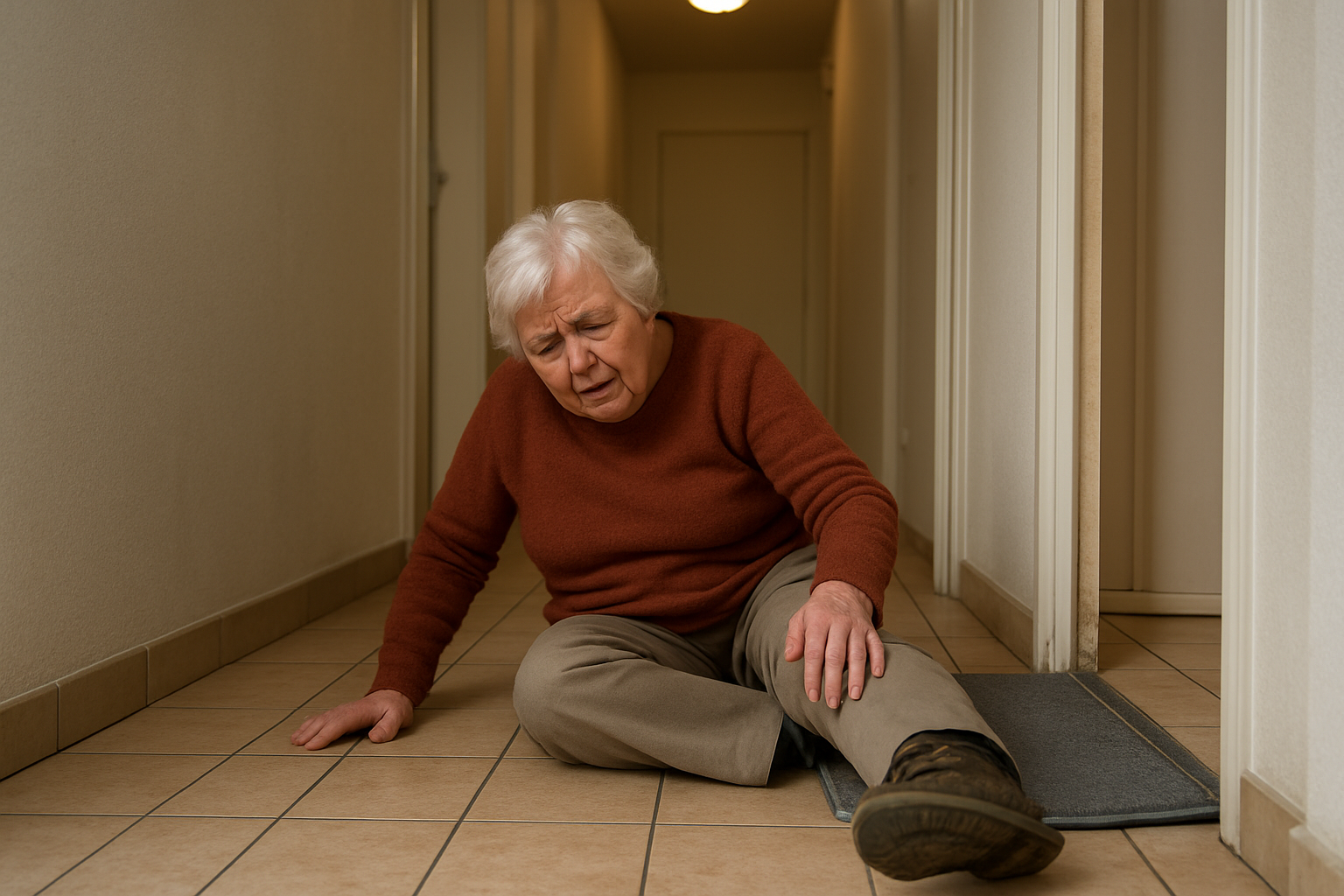 Photo réaliste d’une personne âgée près d’un tapis mobile dans un couloir faiblement éclairé, sol carrelé luisant et chaussures à semelle usée
