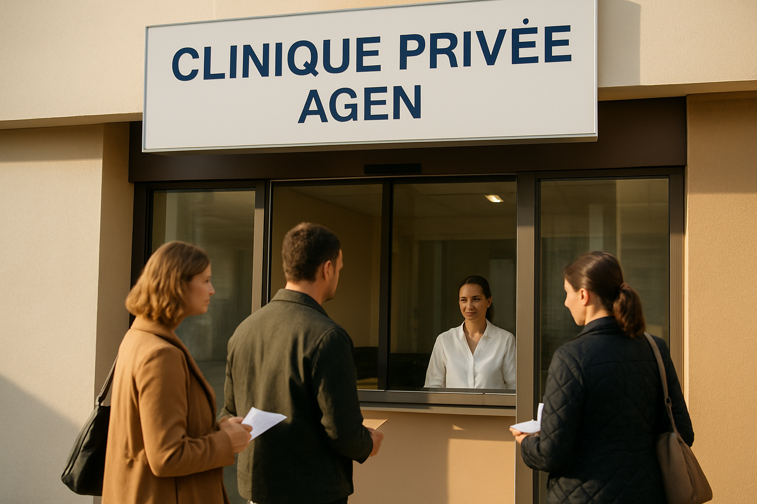 Entrée de la Clinique Esquirol Saint Hilaire à Agen avec panneaux et accueil