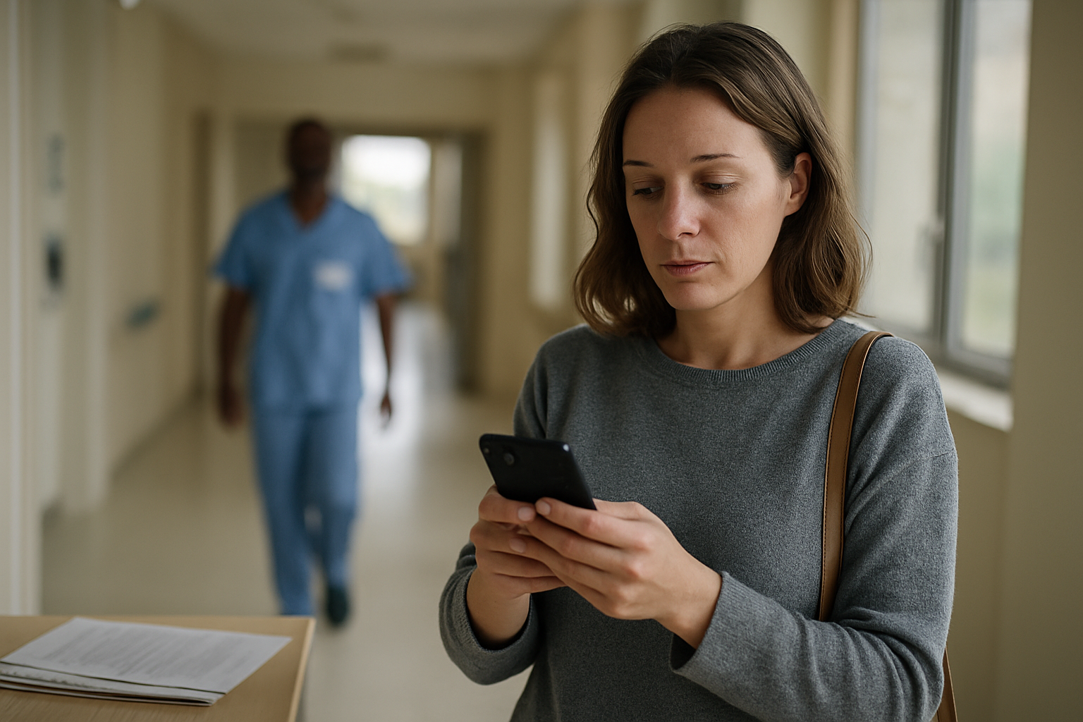 Patient au téléphone avec un service médical à Agen, ambiance calme et professionnelle