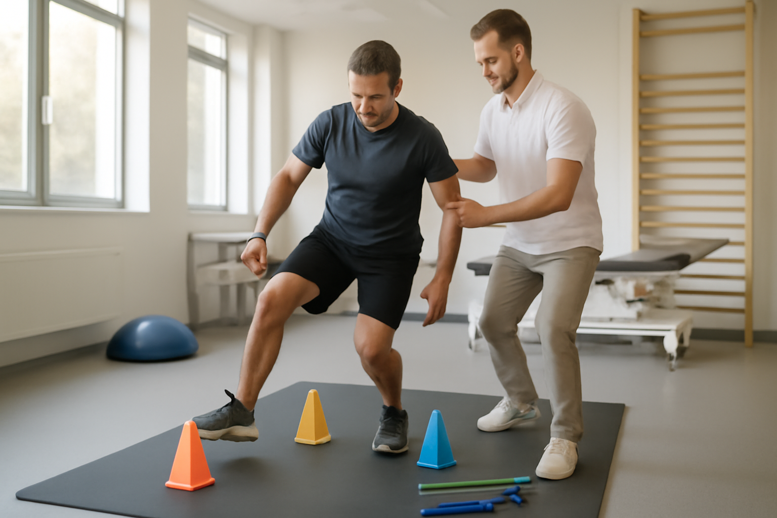 Patient en rééducation après chirurgie du dos, exercices encadrés par un kinésithérapeute dans une salle de sport médicale