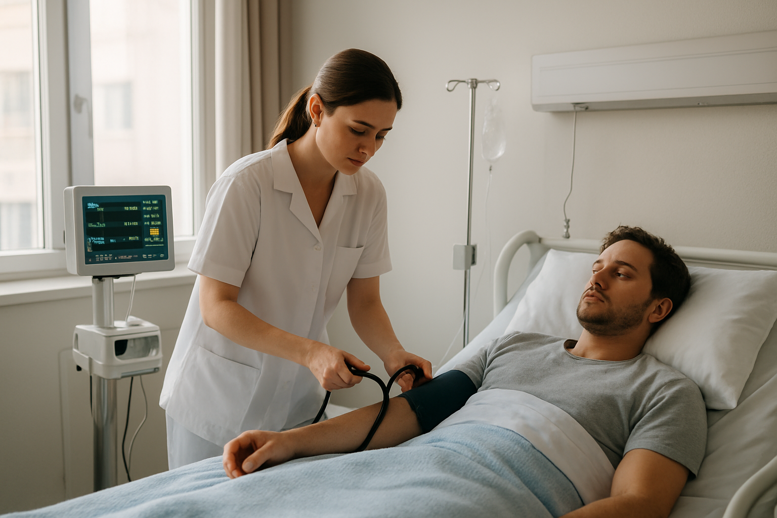 Salle de soins en milieu hospitalier avec équipe soignante surveillant un patient pendant une prise en charge psychiatrique