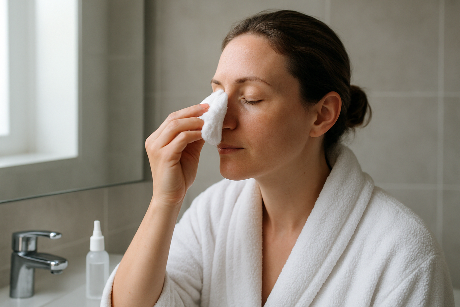 Personne appliquant une compresse tiède sur le nez dans une salle de bain, lumière naturelle
