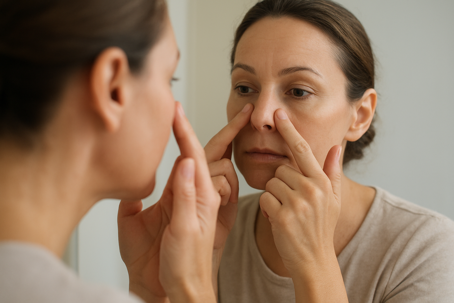 Mains appliquant une pression douce et symétrique sur les ailes du nez, posture stable devant un miroir