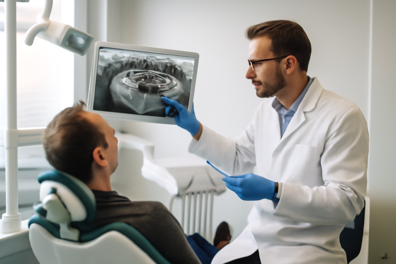 Dentiste examinant une gencive gonflée près d’une dent du fond avec une radiographie