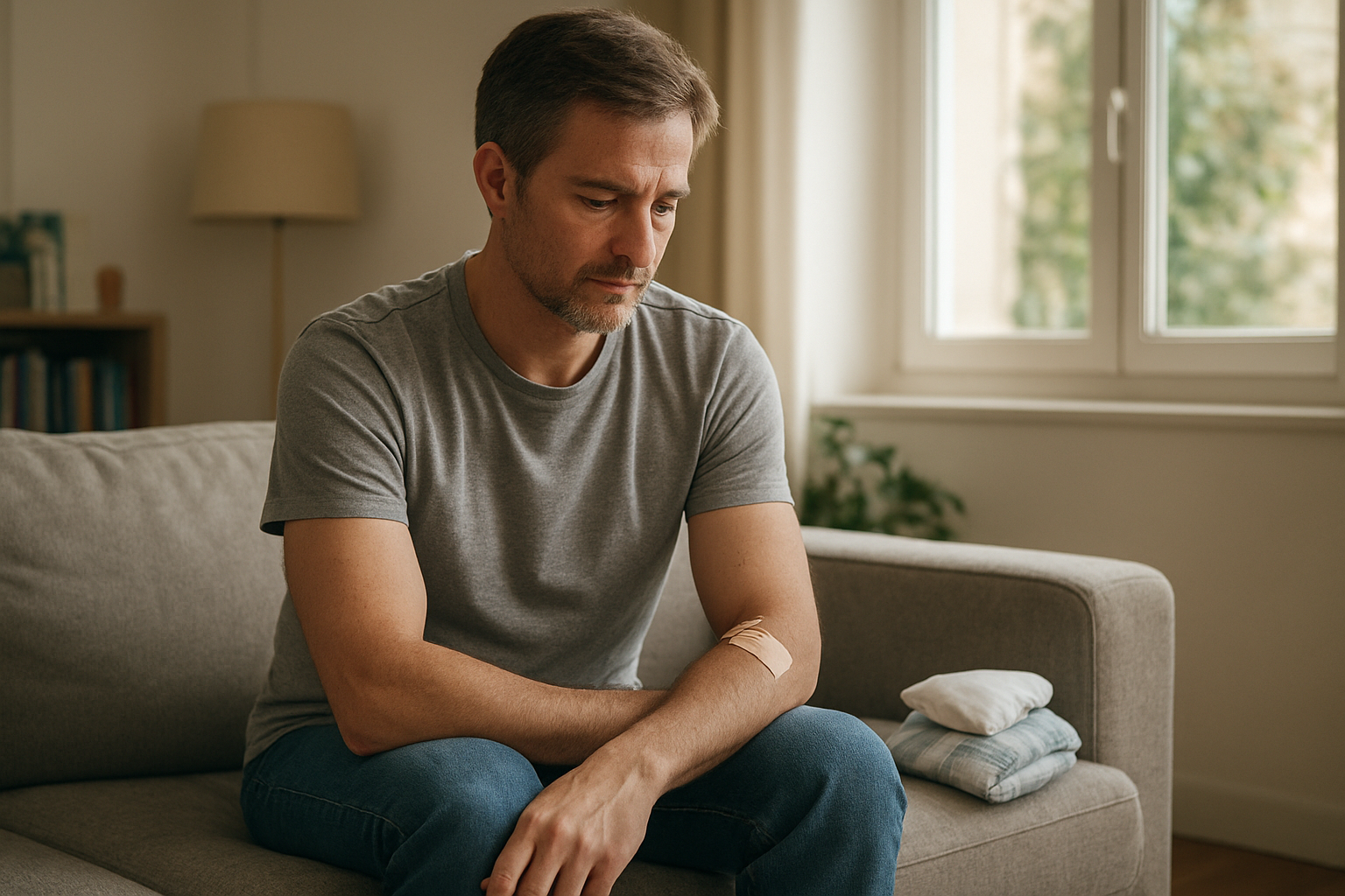 Point de ponction après une infiltration, zone propre et bandée, patient au repos à domicile
