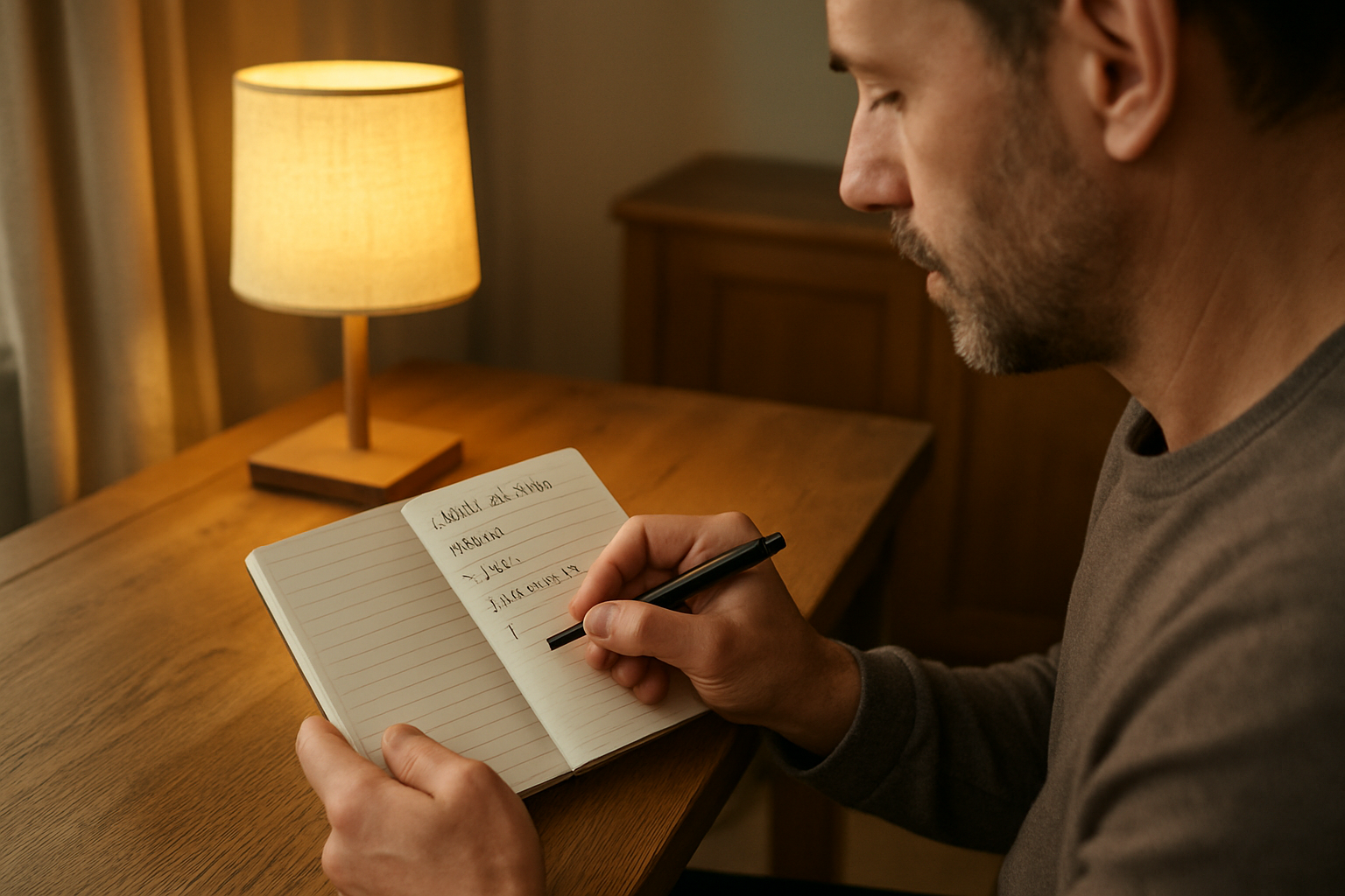 Carnet de suivi de douleur après infiltration avec dates, heures et symptômes, sur une table près d’une lampe