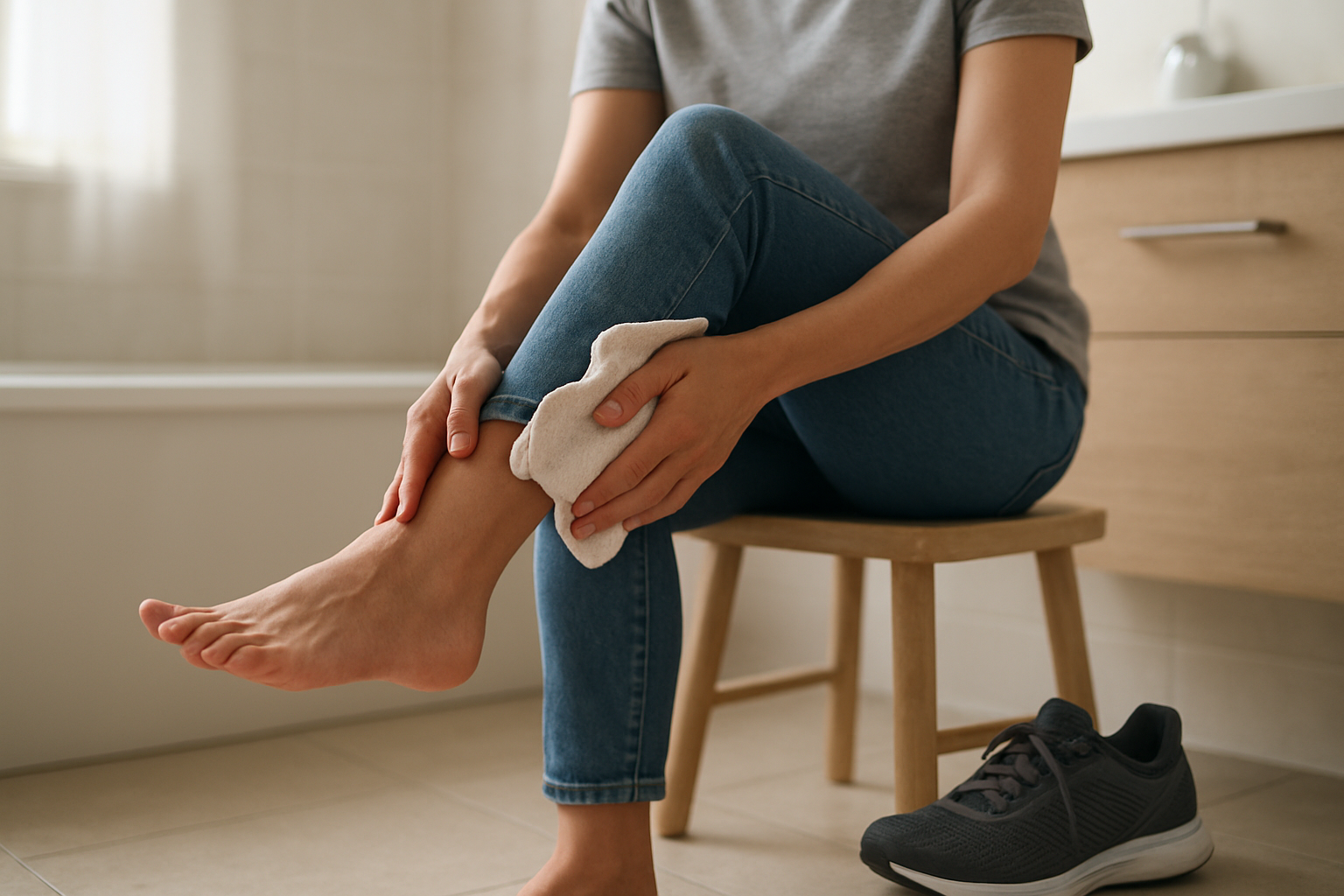 Photo réaliste d’une personne appliquant une compresse froide sur le talon douloureux, chaussures à proximité