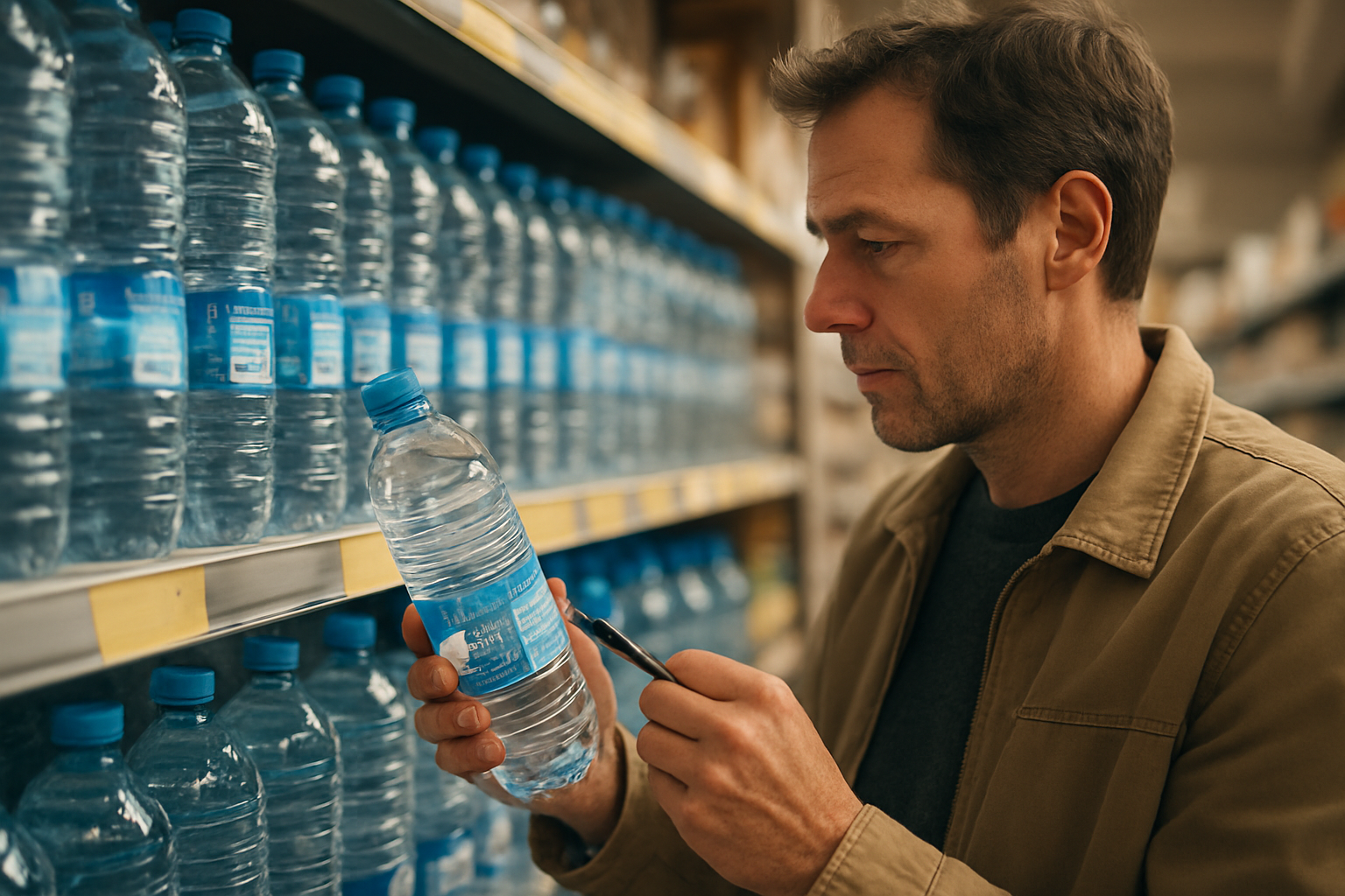 Bouteilles d’eau en rayon avec étiquettes lisibles, lumière naturelle dans une épicerie