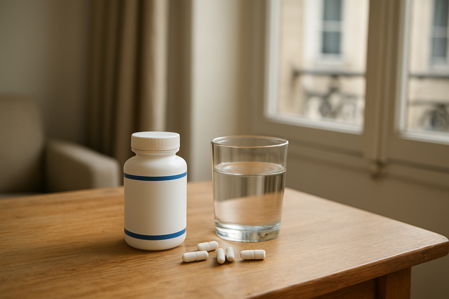 Boîte de probiotiques Ergyphilus et gélules avec un verre d’eau sur une table près d’une fenêtre, lumière naturelle