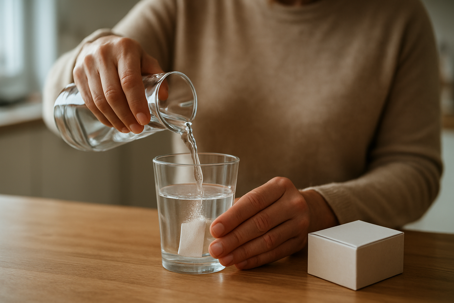 Personne préparant un sachet d’acétylcystéine Exomuc dans un verre d’eau, lumière naturelle, cuisine