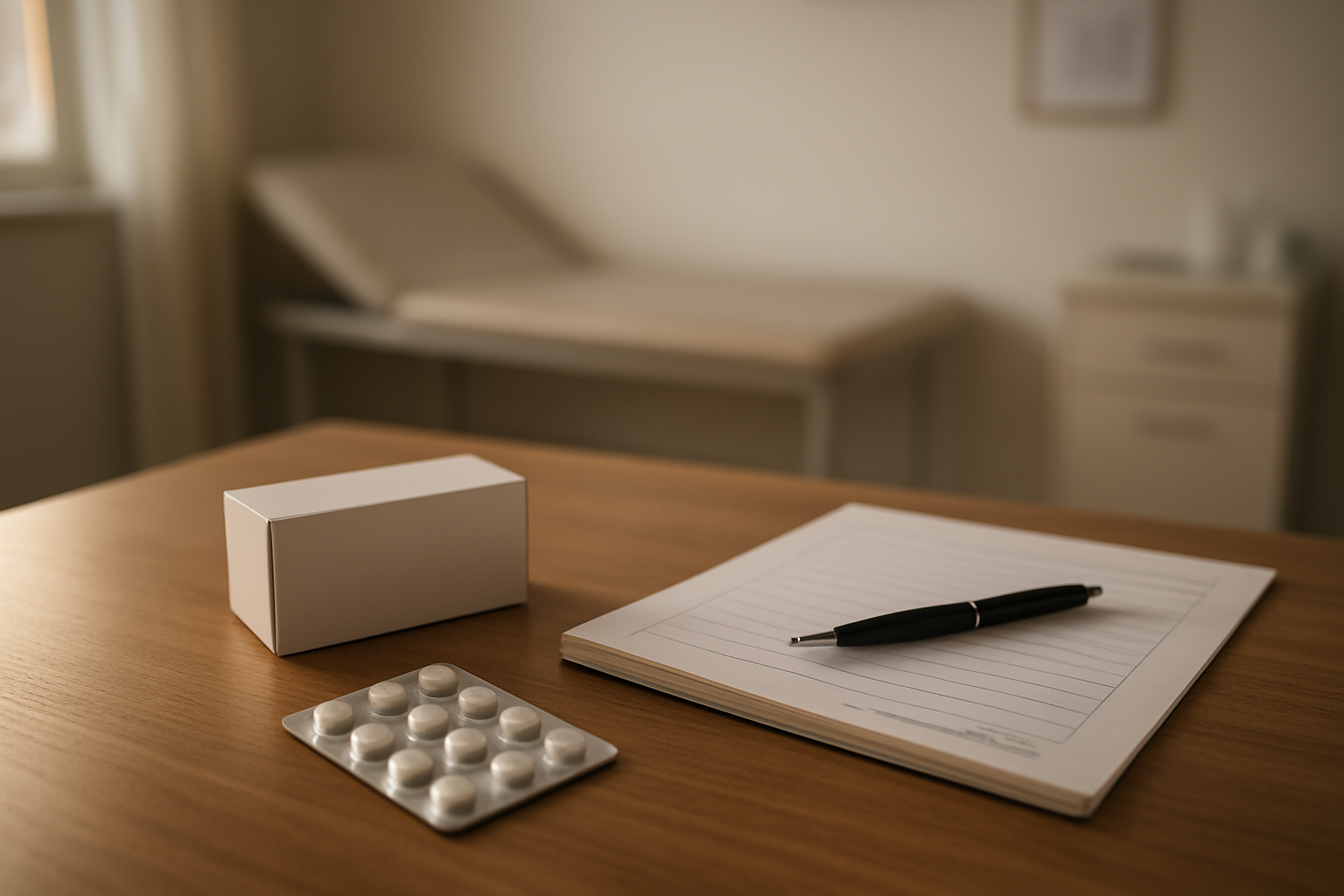 Boîte de Forxiga 10 mg et comprimés sur une table de consultation, lumière naturelle, contexte médical en arrière-plan