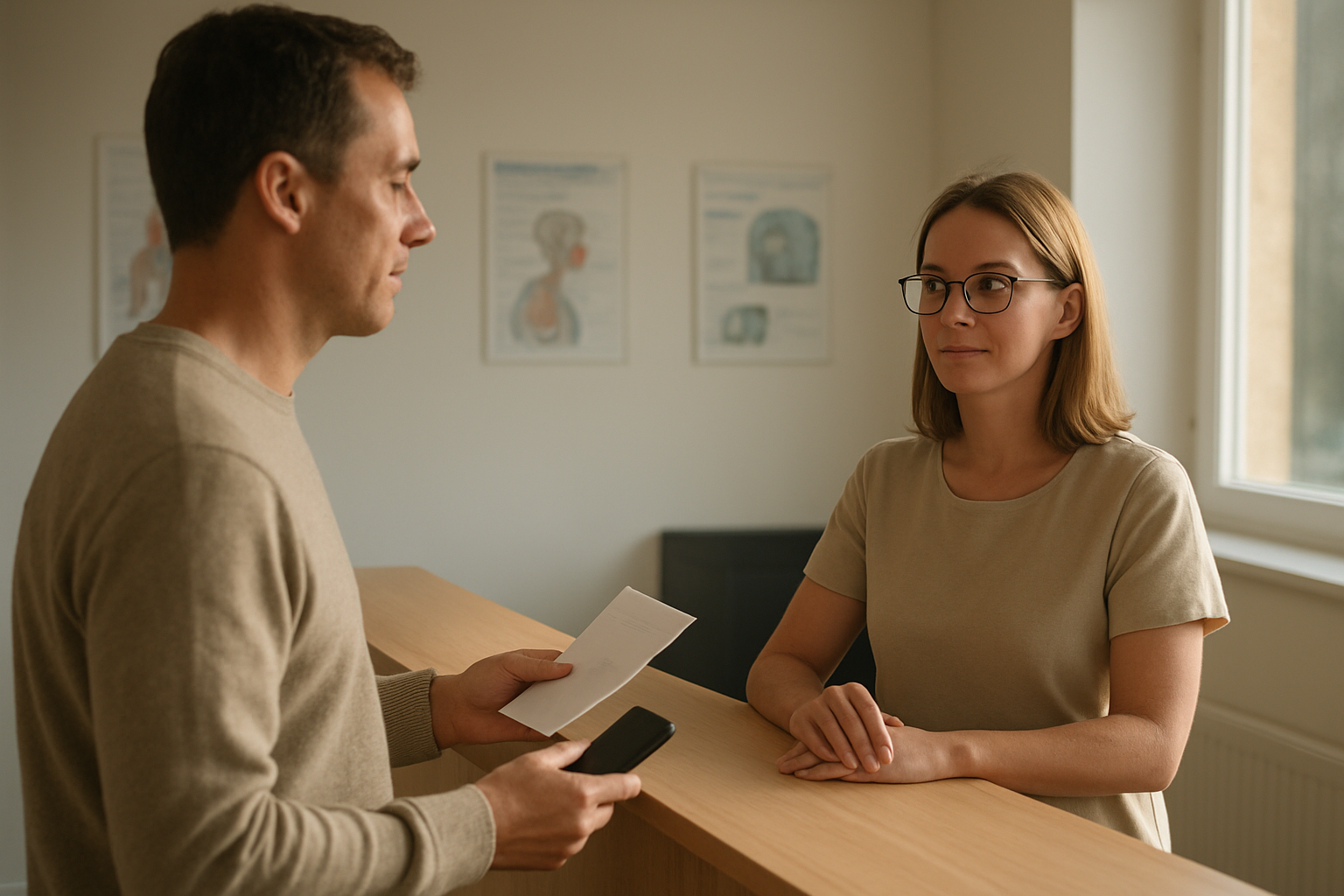 Secrétariat d’un centre d’imagerie à Saintes avec une personne tenant une ordonnance pour planifier une IRM