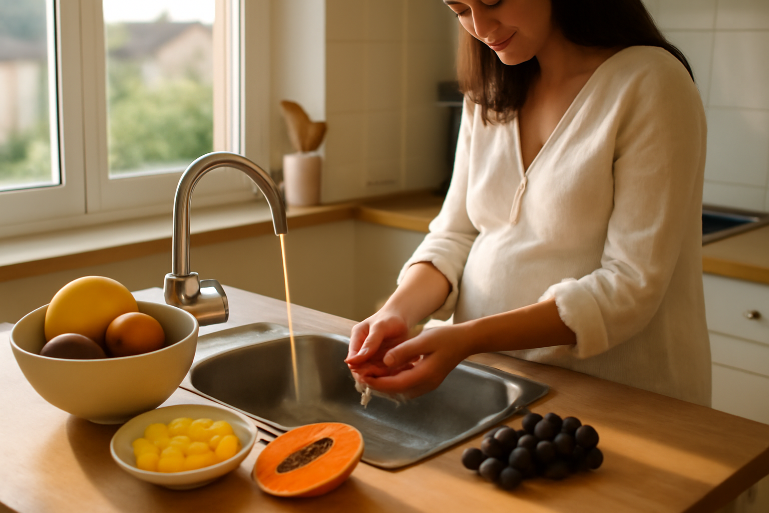 Les 3 fruits à éviter pendant la grossesse : ananas, papaye verte et raisin sur un plan de travail avec fruits bien lavés