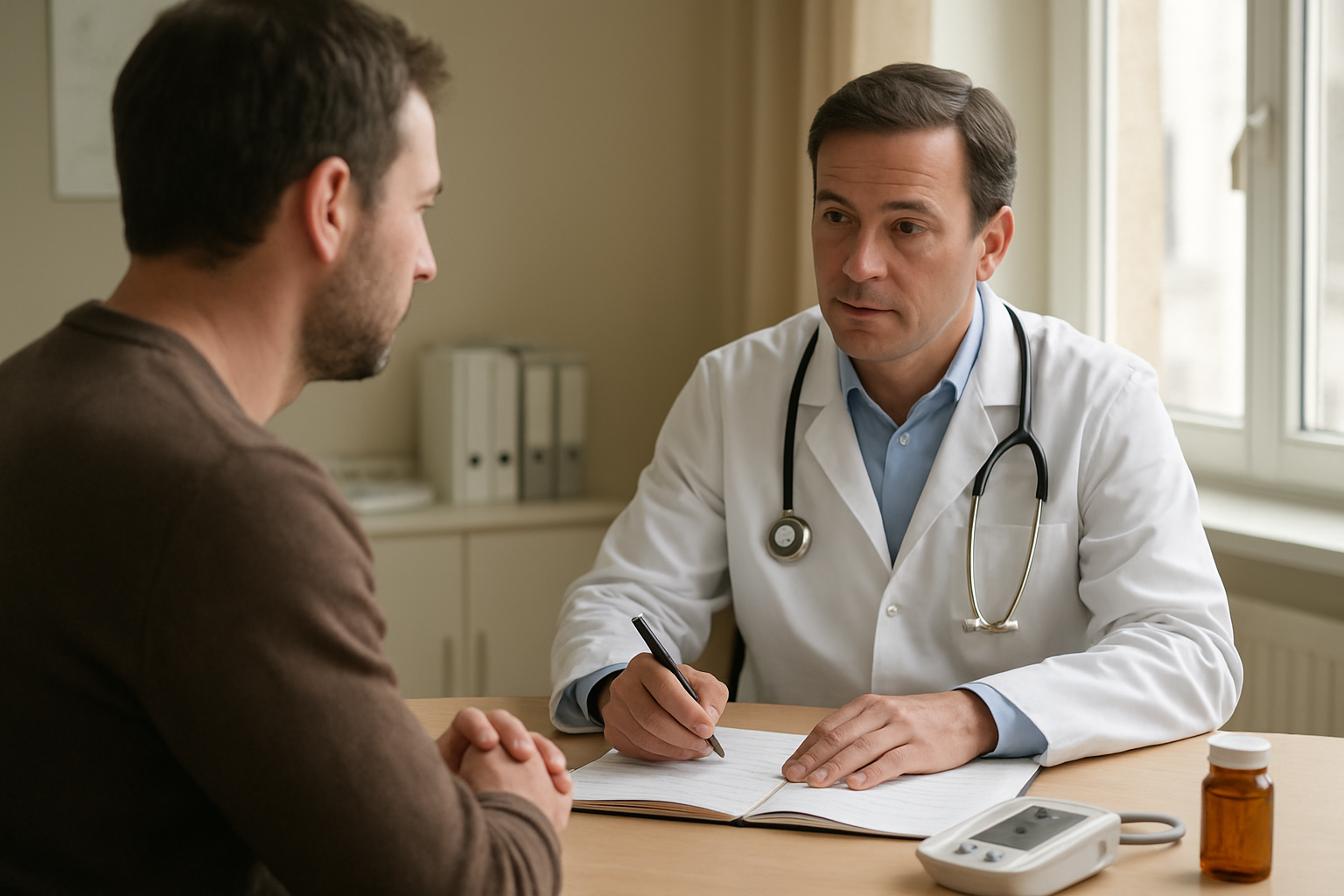 Consultation médicale en cabinet avec prise de tension et bilan thyroïdien, lumière naturelle