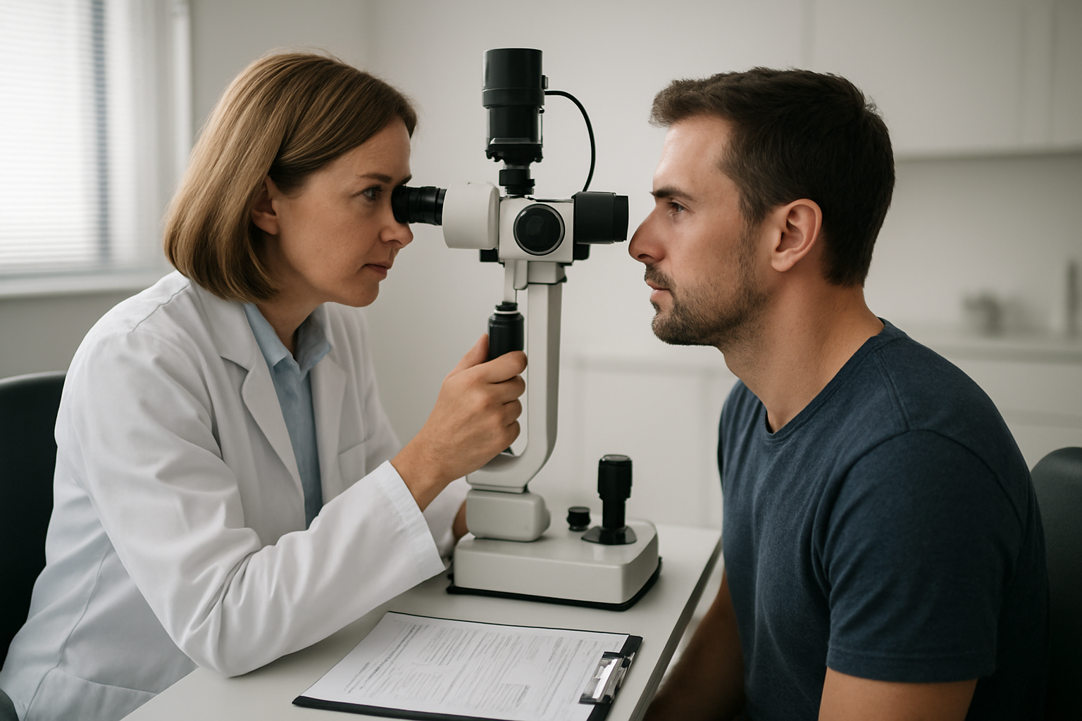 Consultation ophtalmologique avec examen des yeux chez une personne présentant une orbitopathie thyroïdienne