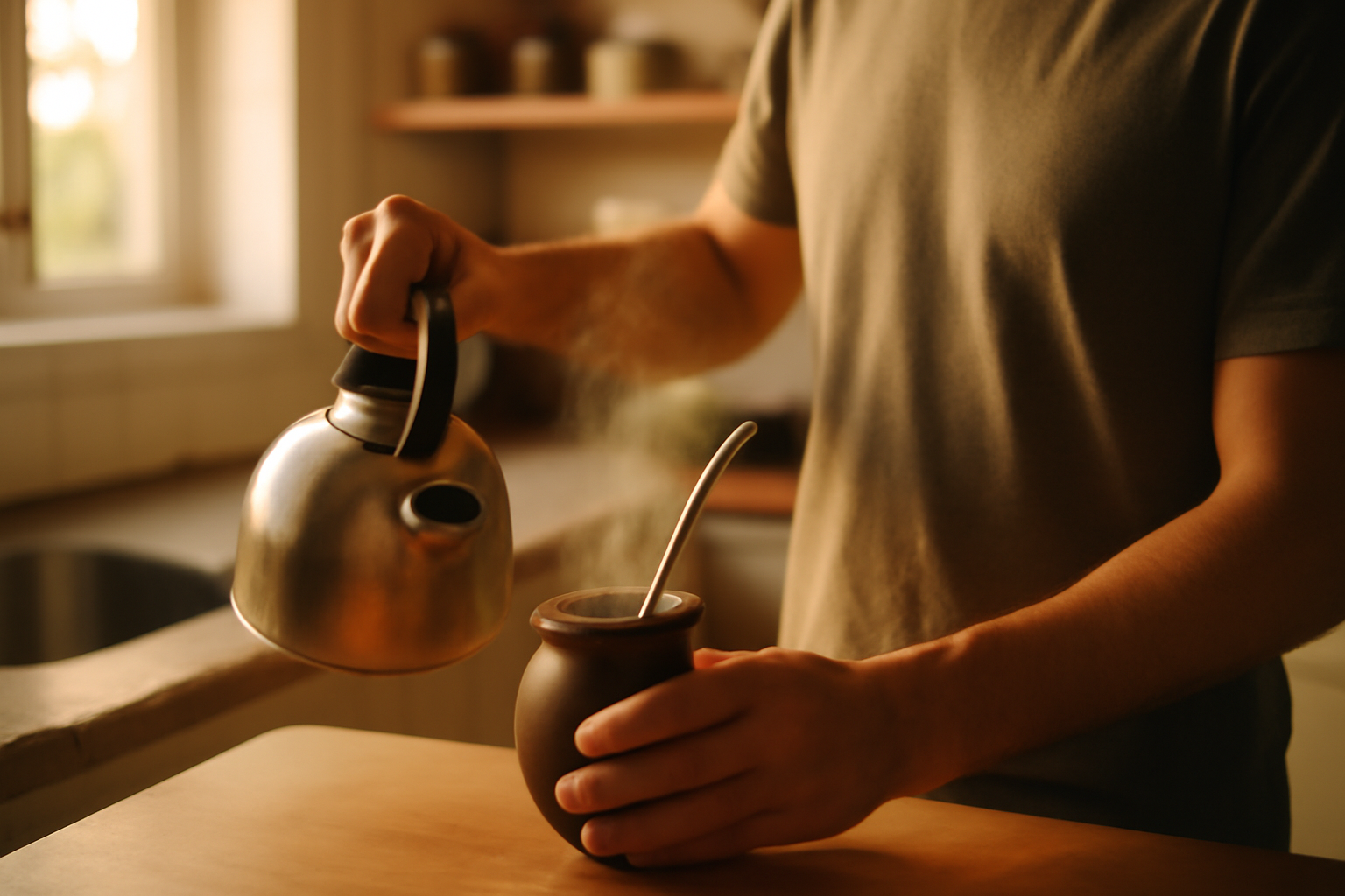 Maté danger : infusion de maté dans une calebasse, bombilla et vapeur légère sur une table en bois