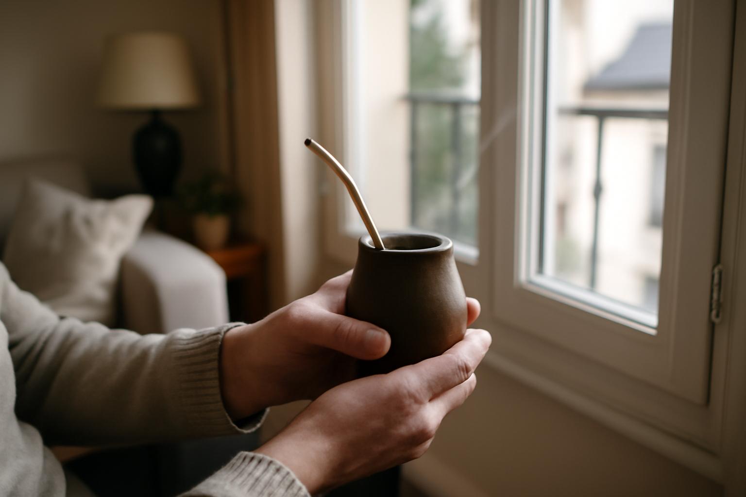 Maté danger : tasse de maté laissée tiédir, vapeur légère et bombilla métallique sur une table
