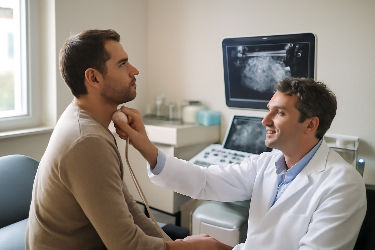 Examen échographique de la thyroïde dans une salle médicale, sonde sur le cou et écran d’imagerie