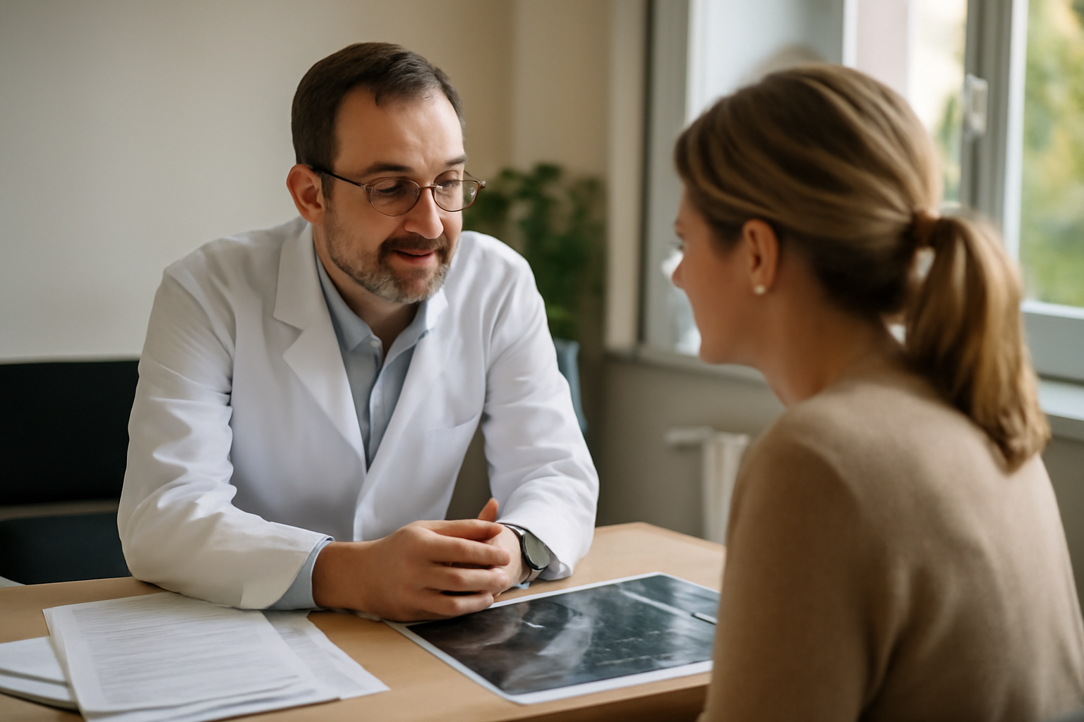 oncologue en consultation pour expliquer un bilan et un diagnostic