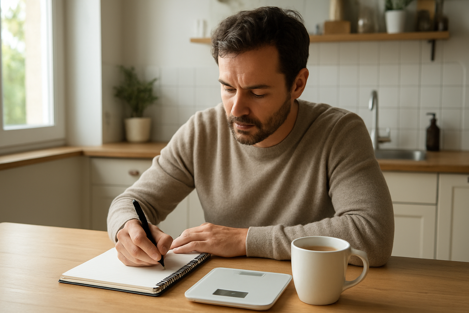 Personne notant son poids et ses symptômes sur un carnet près d’une balance, lumière naturelle dans une cuisine en France