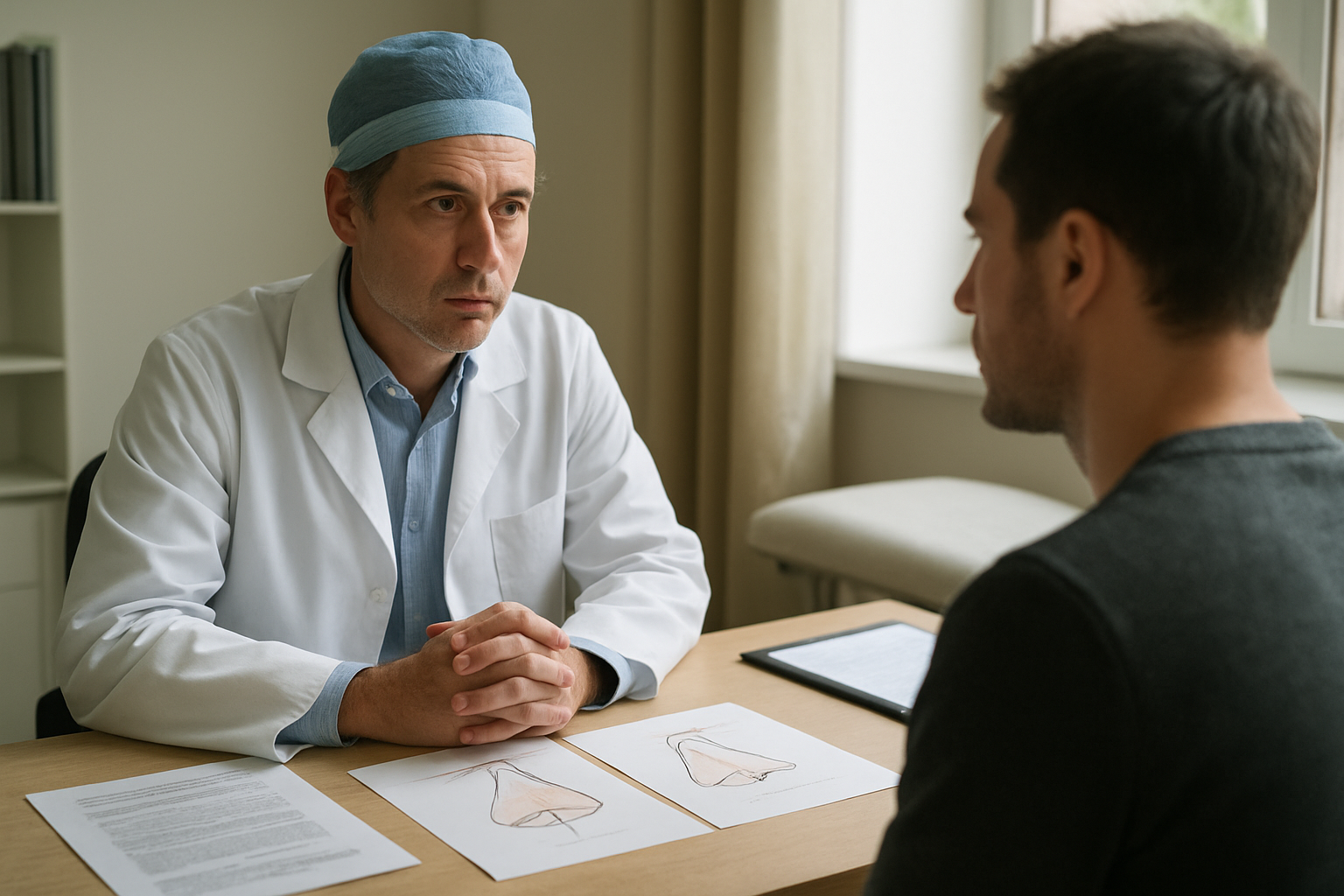 Chirurgien et patient discutant d’un projet de rhinoplastie lors d’une consultation préopératoire en France