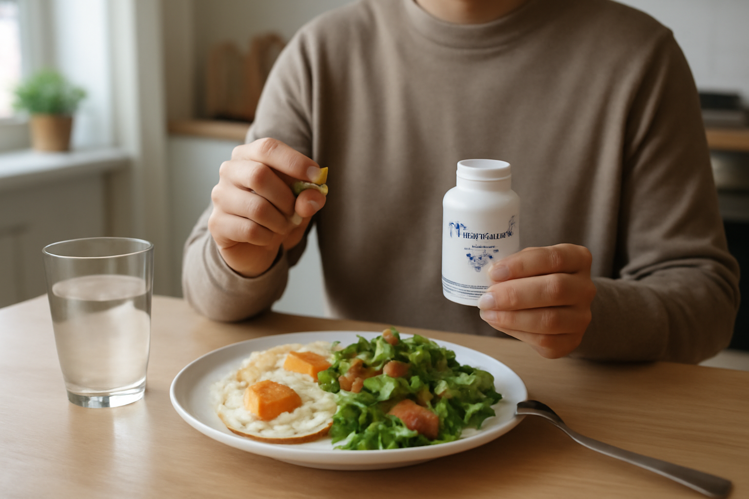 Personne prenant un complément de vitamine D avec un repas à midi, verre d’eau et assiette contenant des aliments gras