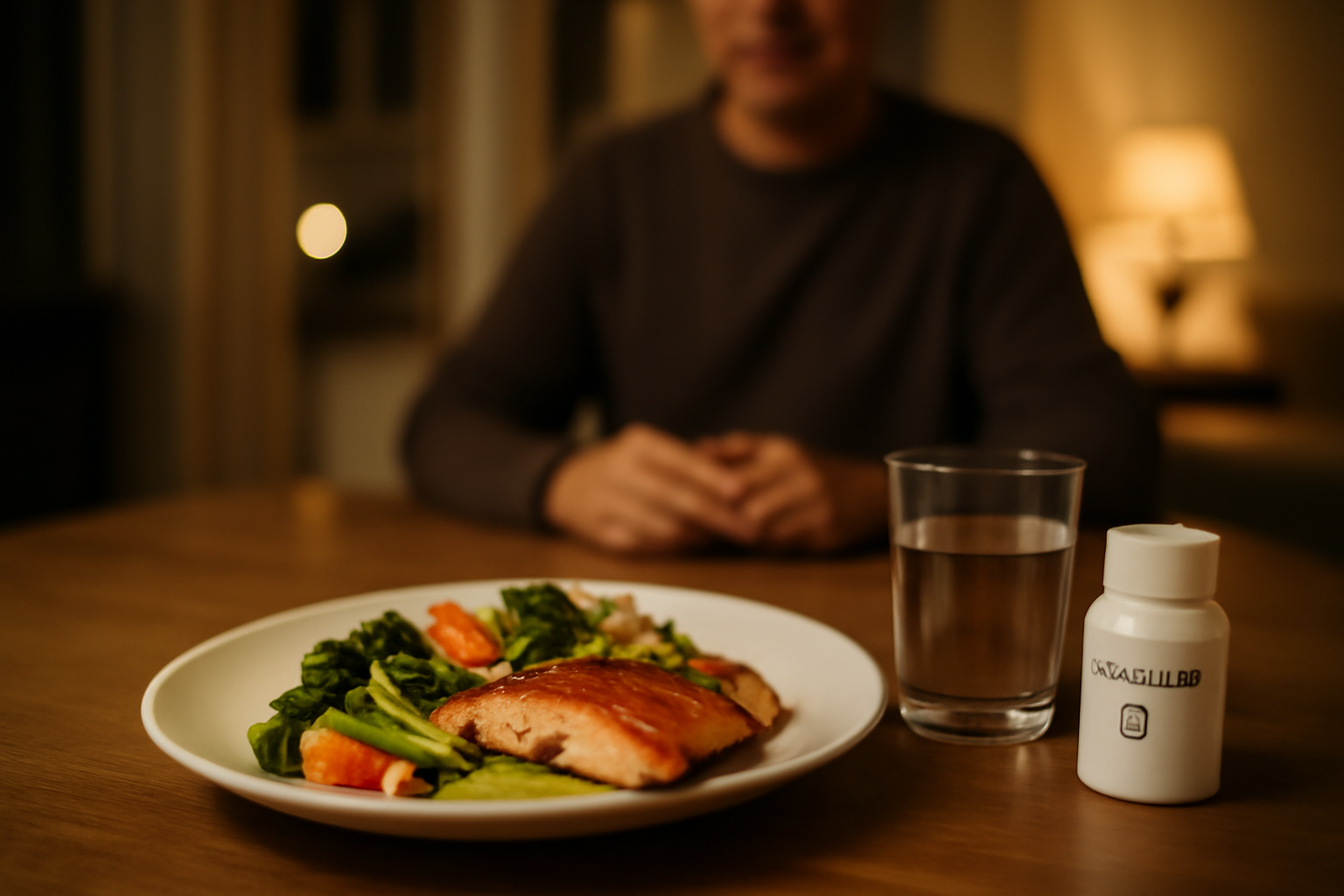 Boîte de complément et comprimés de vitamine D posés près d’une assiette pendant le repas du soir