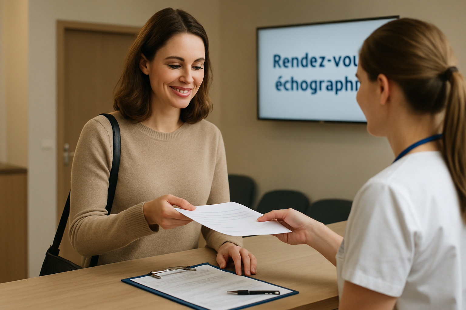 Secrétariat médical confirmant un rendez-vous d’échographie et remettant des consignes de préparation