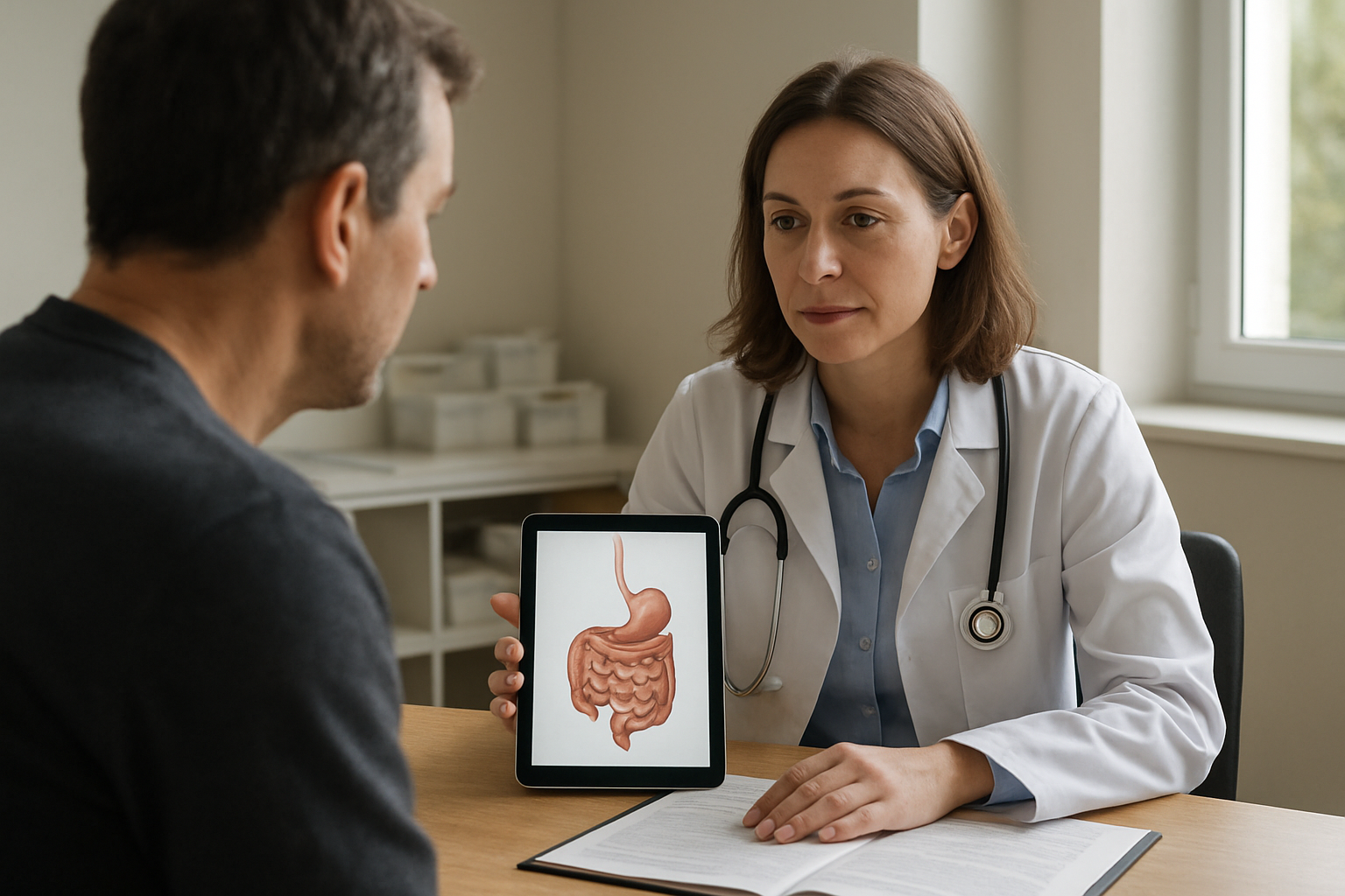 Personne consultant un médecin dans une salle de consultation, dossier médical et schéma du microbiote sur une tablette