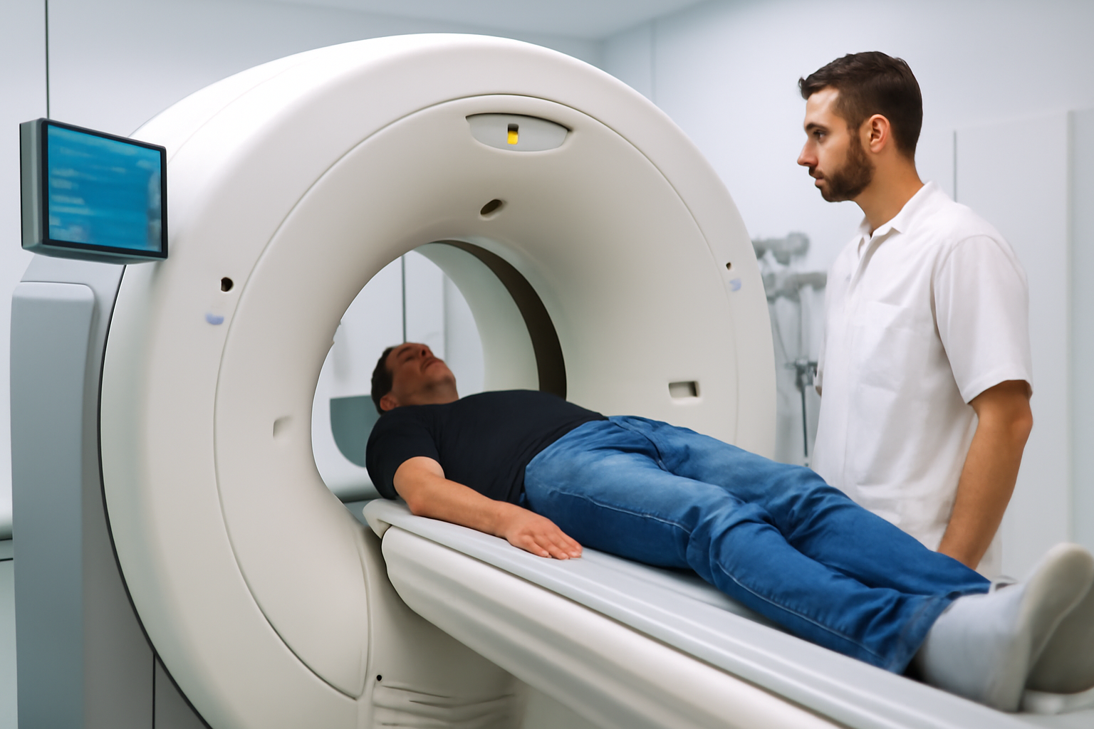scanner lombaire, installation sur la table du tomodensitomètre pour un examen du bas du dos