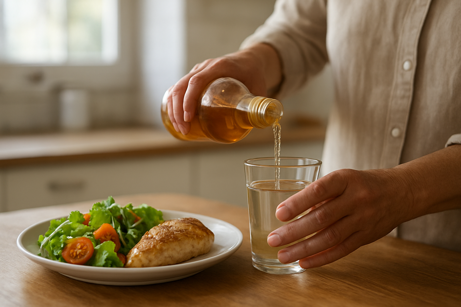 Bouteille de vinaigre de cidre diluée dans un verre avec un repas, cuisine lumineuse