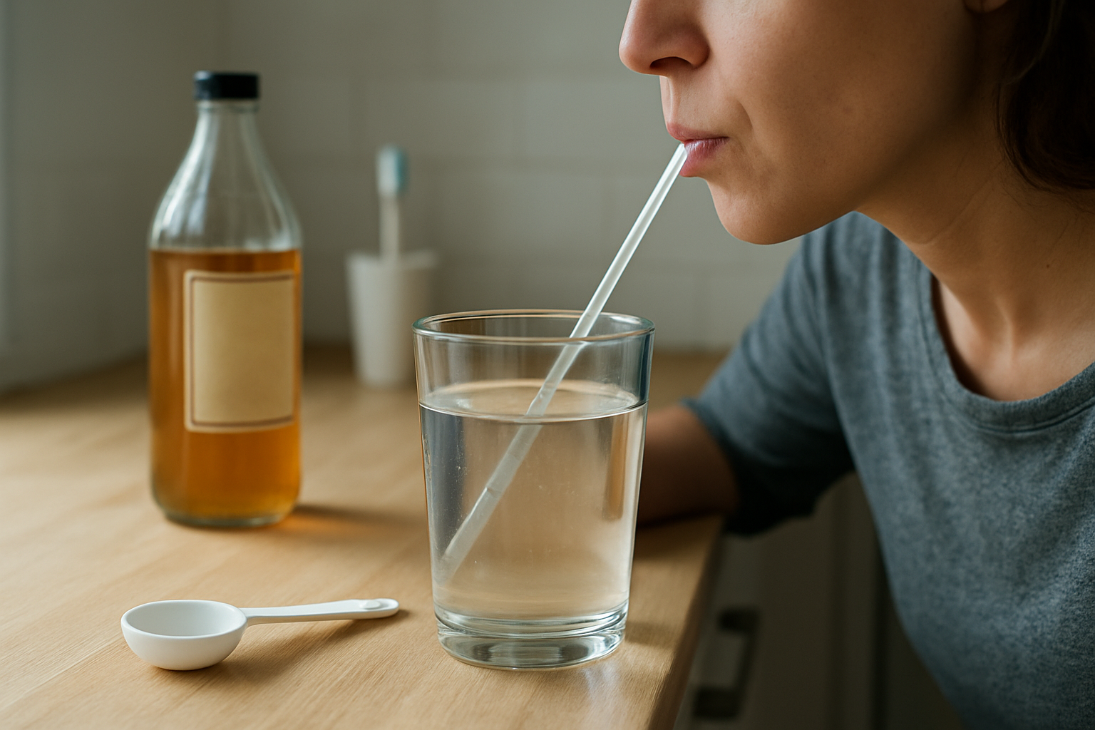 Verre d’eau avec vinaigre de cidre dilué et paille, brossage des dents après repas