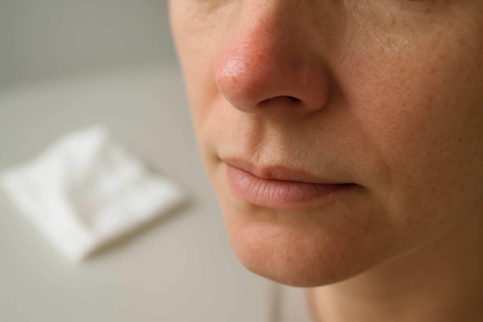 Entrée du nez avec petite lésion rouge, lumière naturelle, scène photo réaliste