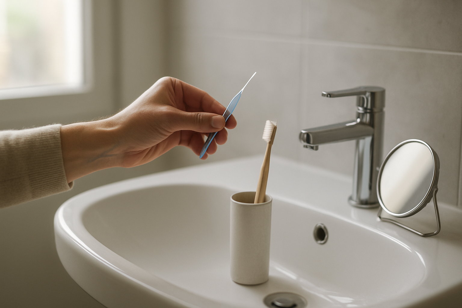 Brossettes interdentaires près d’une brosse à dents sur un lavabo, lumière naturelle