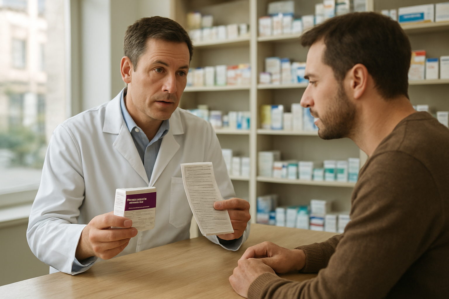 Pharmacien montrant une boîte d’Inexium et une notice au comptoir, lumière naturelle