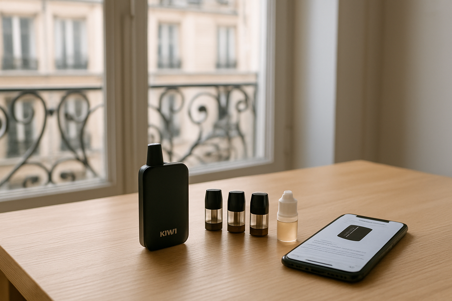 Pods KIWI et kit pod sur une table près d’un smartphone, lumière naturelle